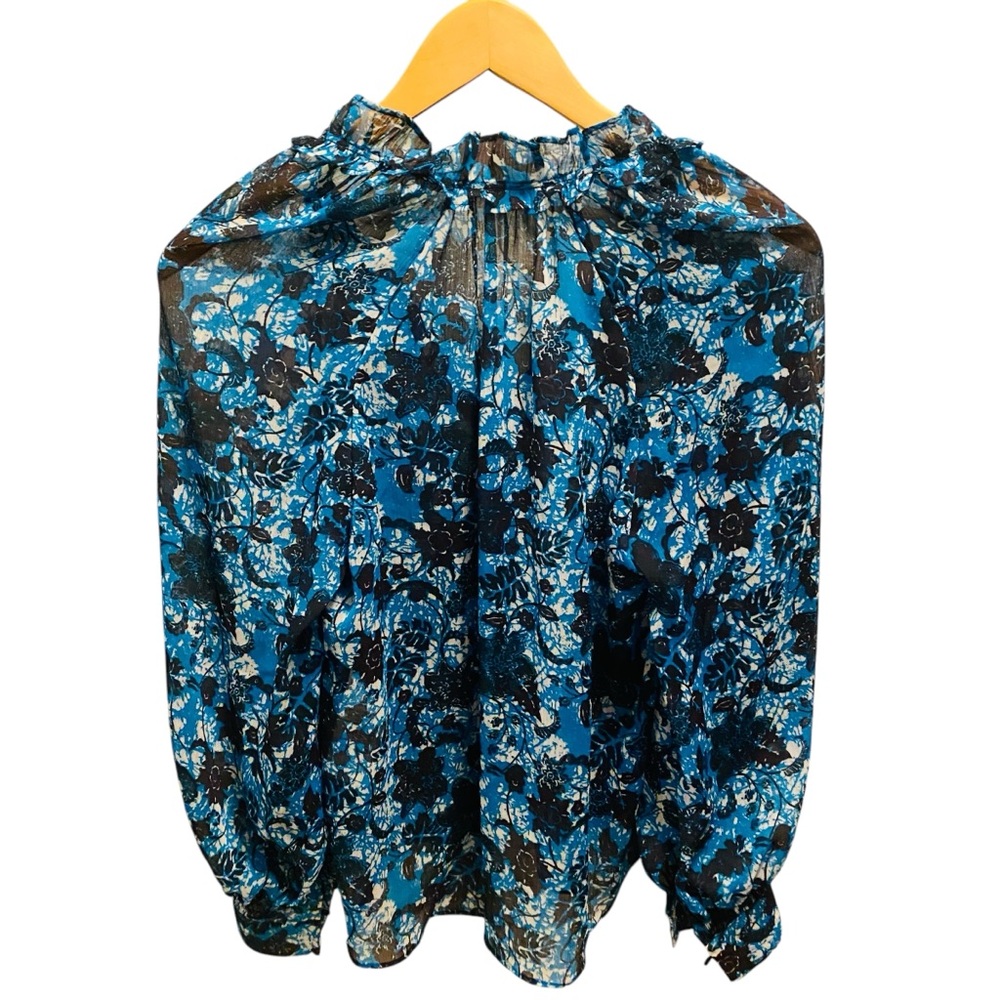 ANTHROPOLOGIE Sheer Printed Western Peasant Blouse Blue Black Floral - Picture 7 of 10